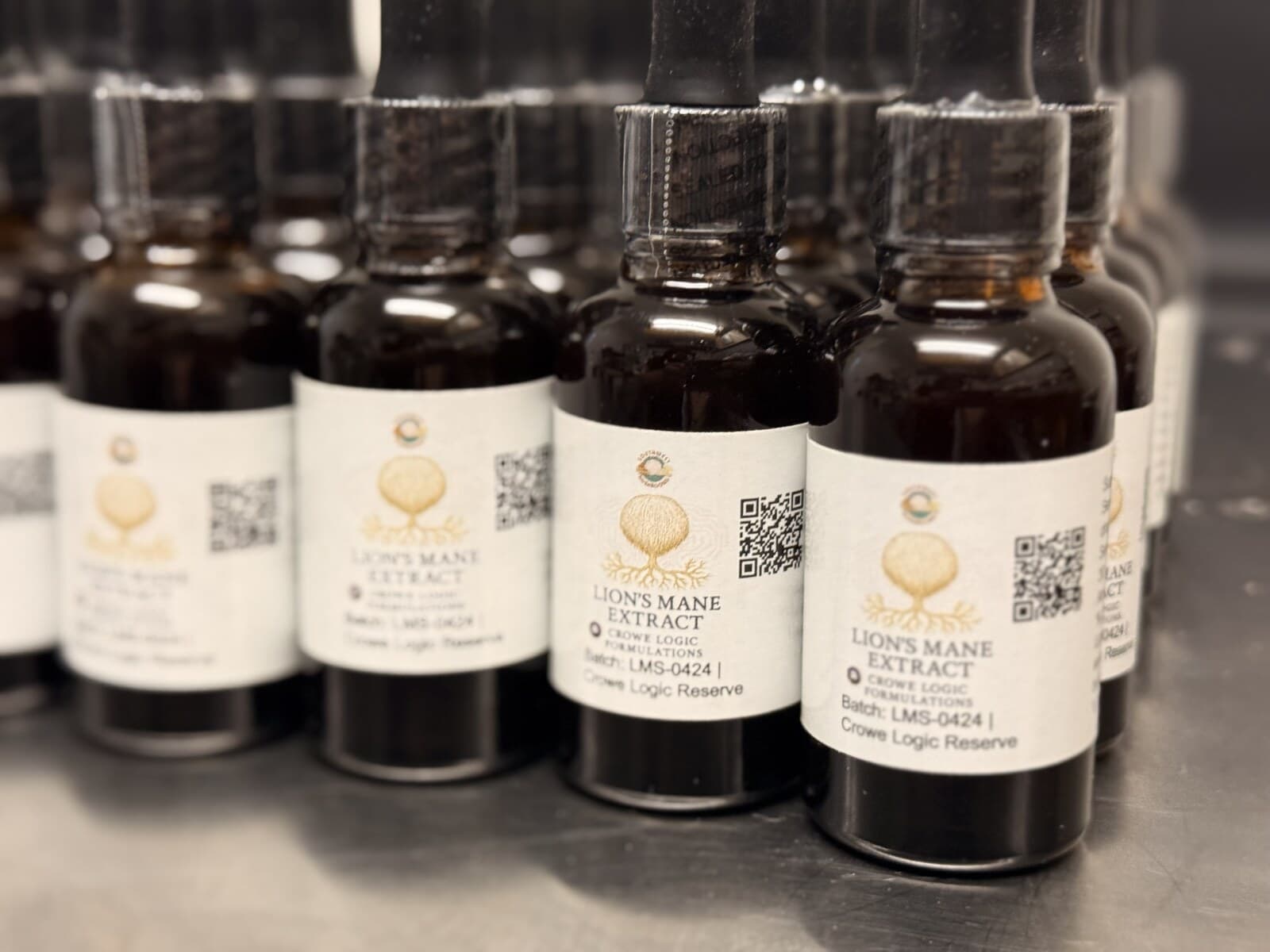 Lion's Mane extract in 30 ml dropper bottles, labelled and batch numbered