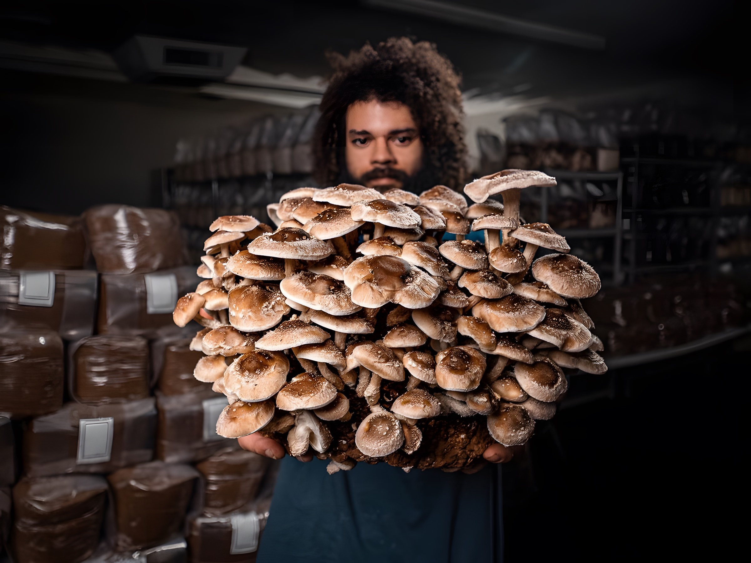 Grower holding a fully colonized shiitake block in the Southwest Mushrooms production room